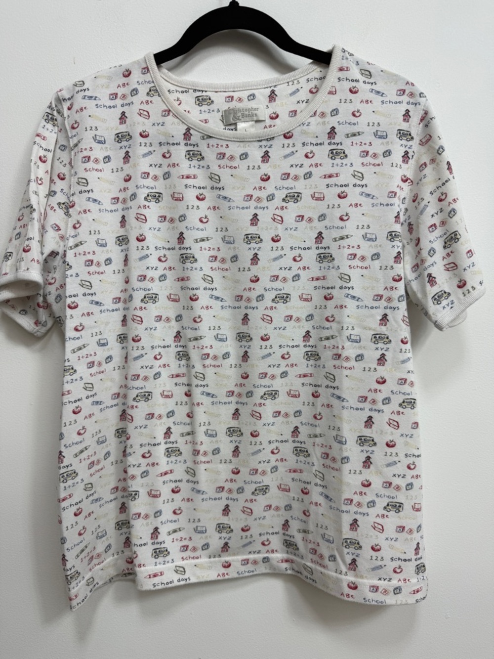 Christopher & Banks White Graphic Tee with Multi-Color School Print, EUC. Size L